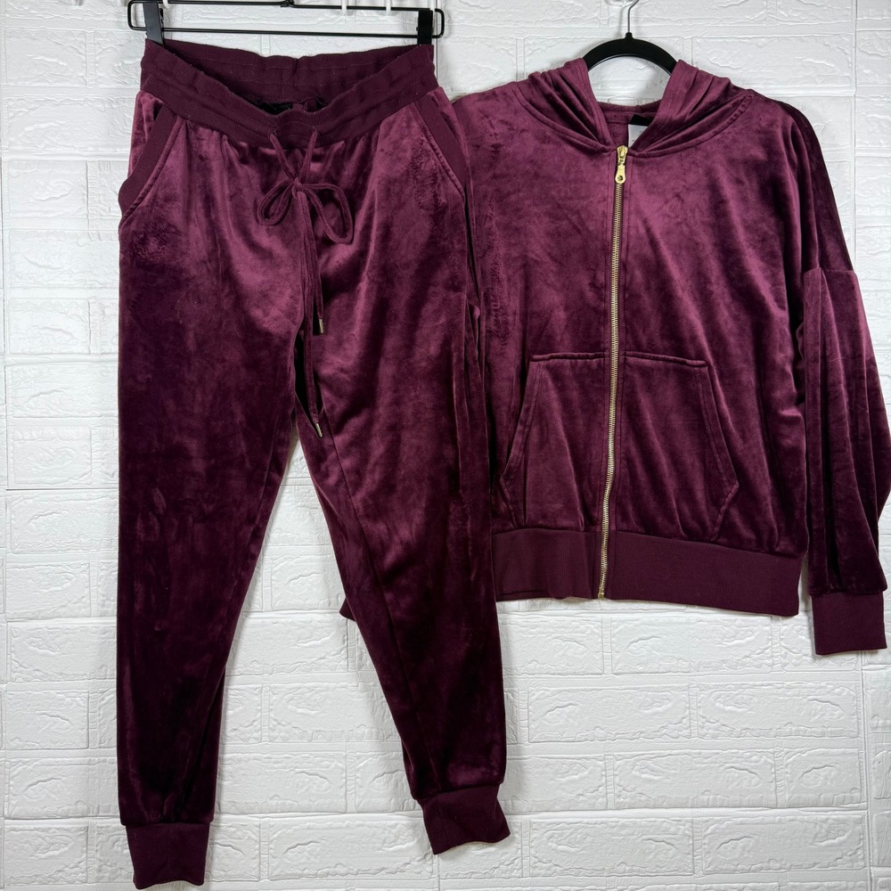 Felina Velour Tracksuit Women Size M Burgundy Zip Hoodie Jogger Set